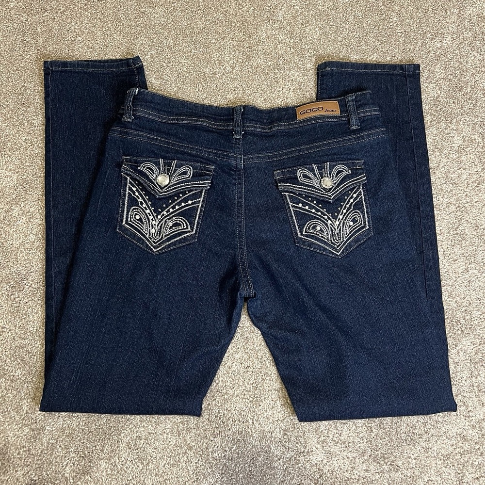 Women's Size 12 Gogo Jeans With Gems Straight leg Stretchy Rhinestones Dark Wash